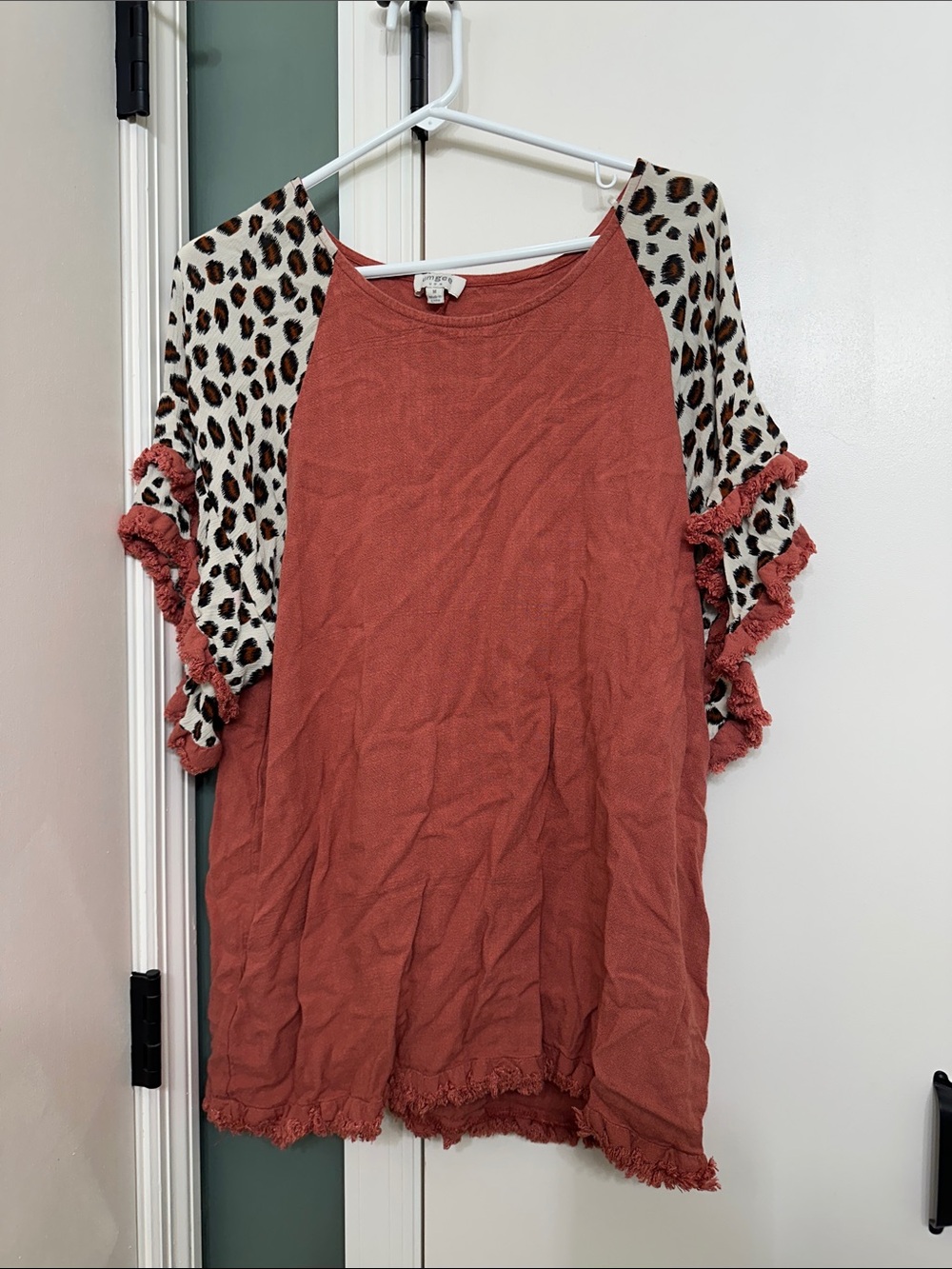 Umgee Rust Coral Tunic with Leopard Print Raglan Sleeves